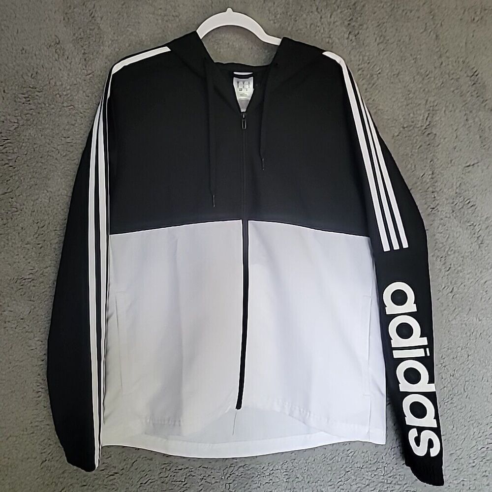 Adidas Colorblock Windbreaker, Black White White Mens Essentials Med